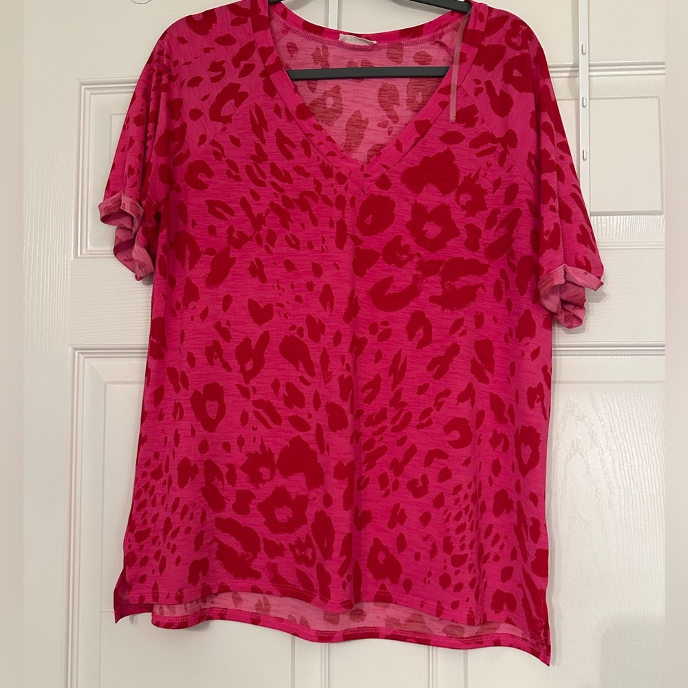 Pink & Red Print Short Sleeve Top